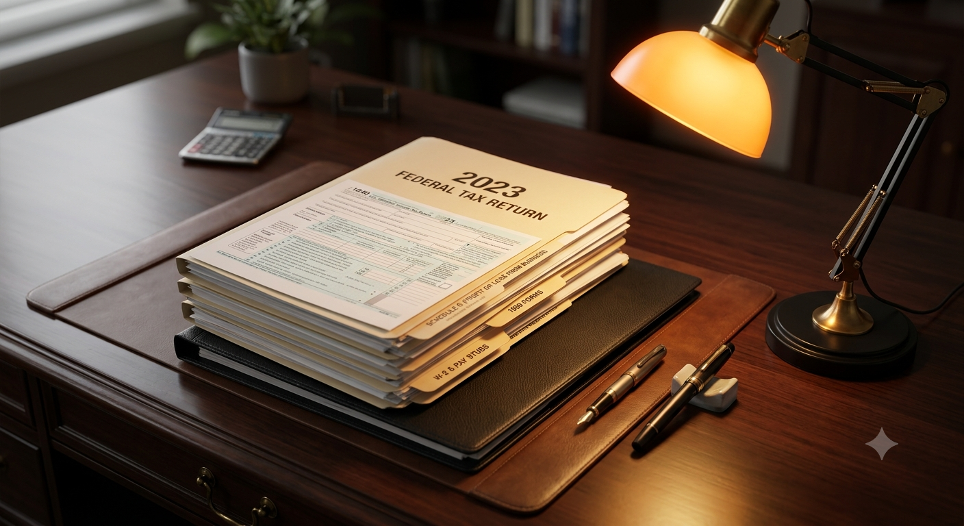 Reviewing income tax return paperwork with a client in San Juan, TX